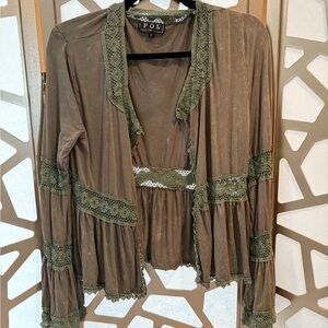 POL Green Crochet Trim Cardigan